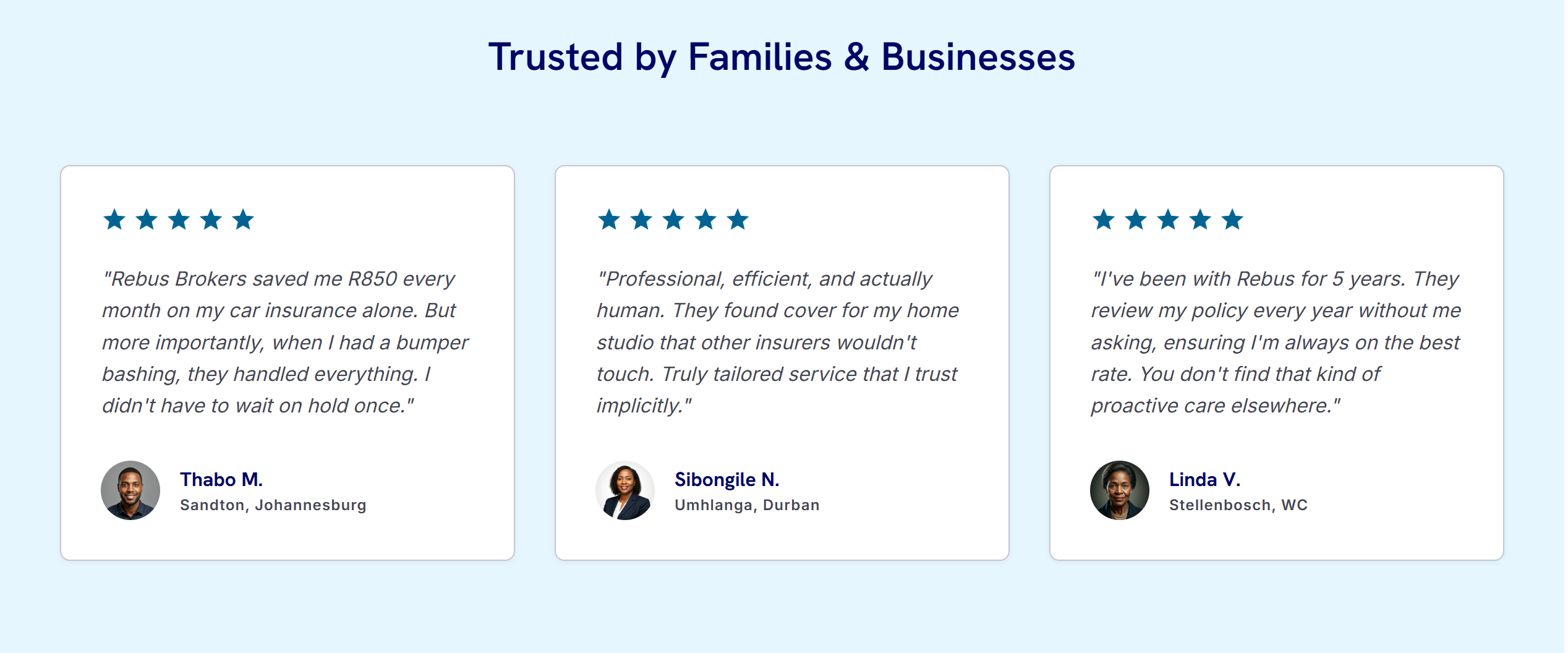Testimonials section with three client reviews