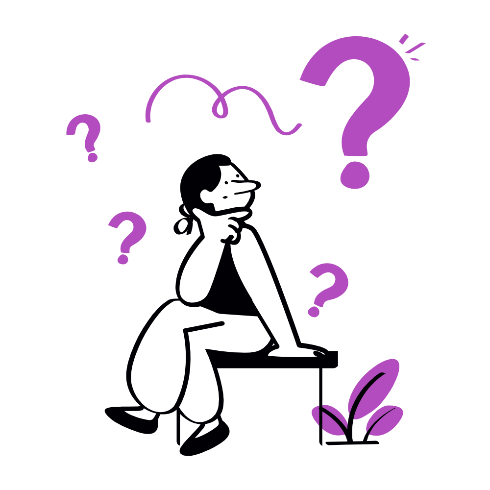 Illustration of a person thinking, surrounded by question marks, representing a curious and research-driven design process